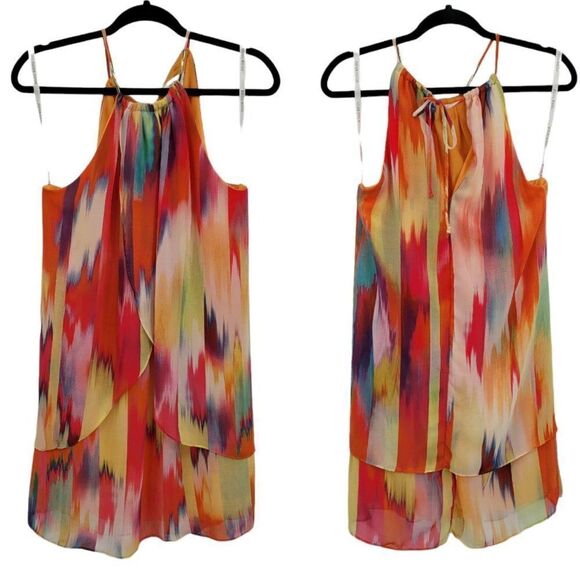 Vtg 90s Bisou Bisou Dress Rainbow Pride Tiered Ruffle Shift Halter Colorful Sz 8 - Picture 1 of 11